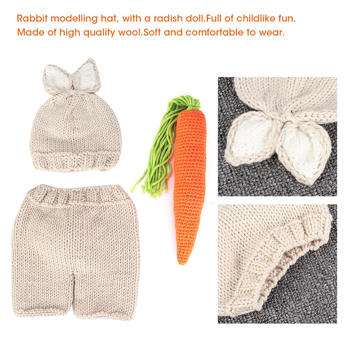 Three piece Infant Photography Props Rabbit Suit for Newborn Baby Photo Clothes